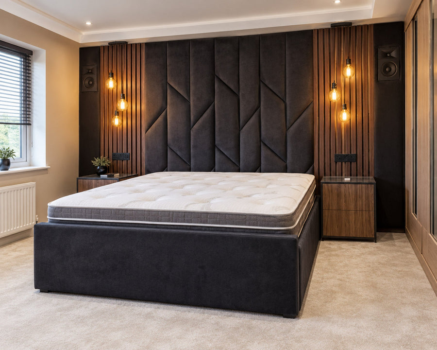 The Cinema Bed with full-height panelled headboard, wood slat panels and built-in speakers